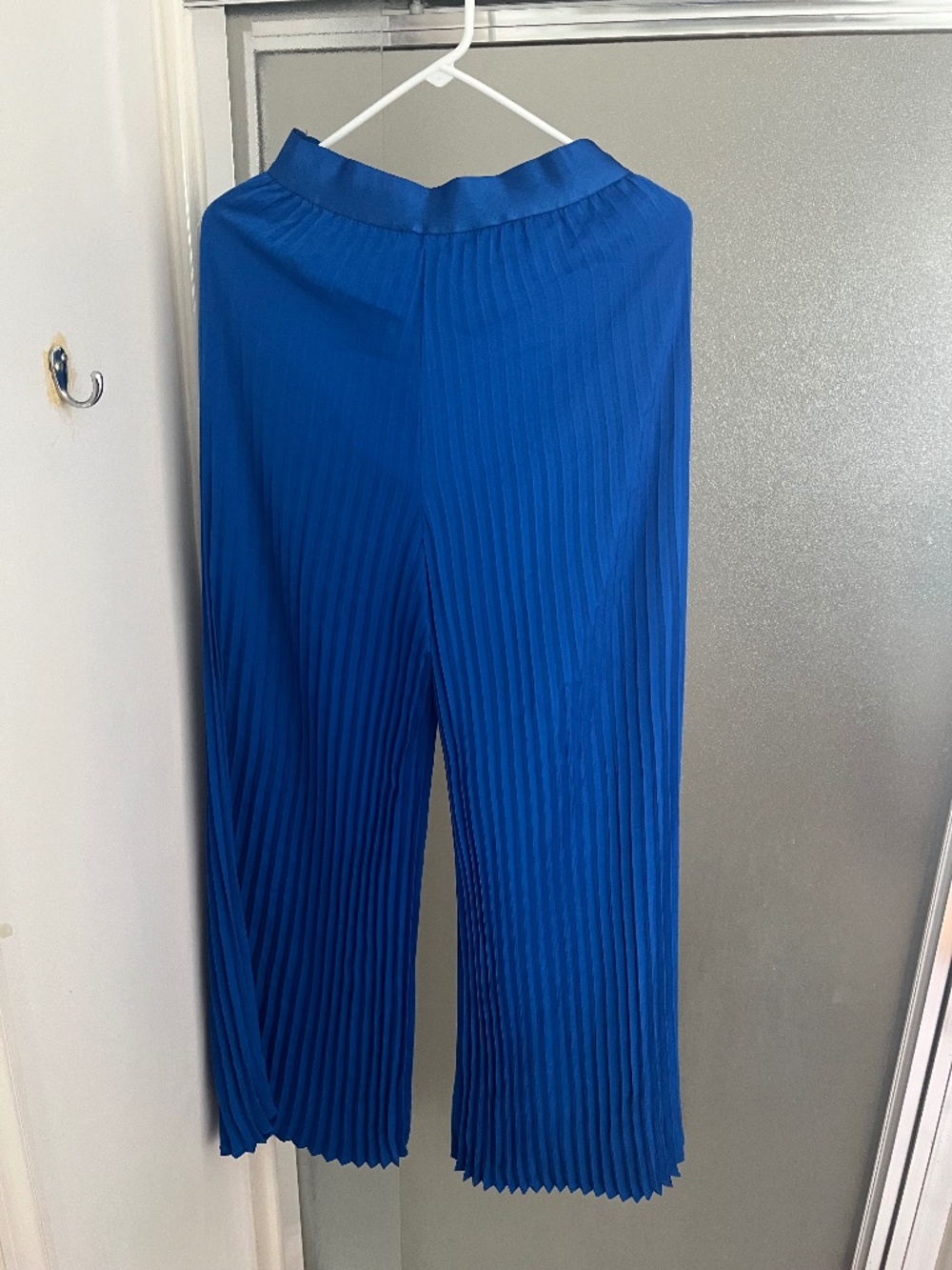 royal blue plissé (pleated) wide-leg pants